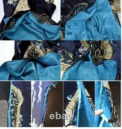 1900's Chinese Blue Silk Embroidery Lady's Robe Jacket Forbidden Stitch Flower