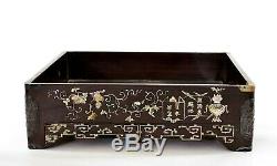 1900's Chinese Boxwood Wood Silver Mother of Pearl Inlay Tea Tray Calligraphy