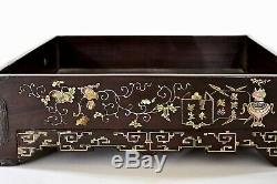 1900's Chinese Boxwood Wood Silver Mother of Pearl Inlay Tea Tray Calligraphy