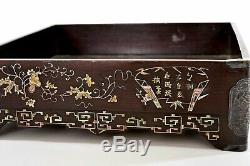 1900's Chinese Boxwood Wood Silver Mother of Pearl Inlay Tea Tray Calligraphy