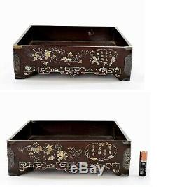 1900's Chinese Boxwood Wood Silver Mother of Pearl Inlay Tea Tray Calligraphy