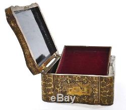 1900's Chinese Export Gilt Lacquer Wood Sewing Jewelry Box Chinoiserie Figure