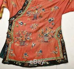 1900's Chinese Orange Silk Embroidery Forbidden Stitch Lady's Robe Jacket
