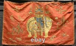 1900's Chinese Silk Embroidery Gold Thread Panel Textile Elephant AS IS Video