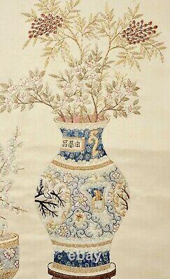 1900's Chinese Silk Embroidery Panel Textile Tapestry Vase & Planter Pattern