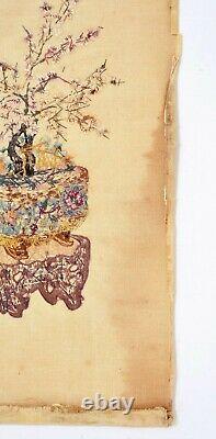 1900's Chinese Silk Embroidery Panel Textile Tapestry Vase & Planter Pattern