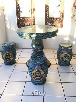 + 1910-40 Qing Dynasty Masterpiece Blue Dragon Chinese Cloisonne Table Chairs+