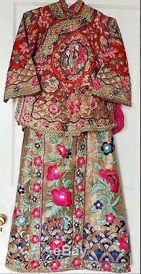 1920 Chinese Wedding Dress Is A Rare 2- Pc. Silk Embroidery Hand Stitched, Signed