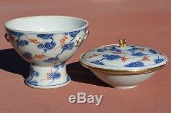1920's Chinese Gilt Coral Red Blue & White Porcelain Tureen Cover Bowl Bat Mk
