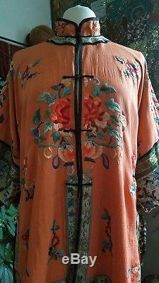1920's Vintage Embroidered Silk Chinese Robe Antique Peach Jacket Asian Q'ing