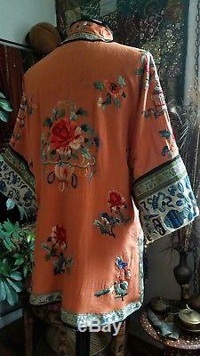 1920's Vintage Embroidered Silk Chinese Robe Antique Peach Jacket Asian Q'ing