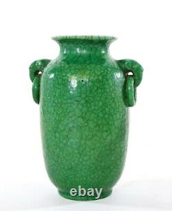 1930's Chinese Green Crackle Glaze Monochrome Ge Guan Type Vase Elephant Ears