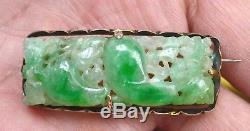 1930's Chinese Green Jade Jadeite Carved Carving Plaque Silver Pin Brooch Flower