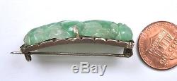 1930's Chinese Green Jade Jadeite Carved Carving Plaque Silver Pin Brooch Flower