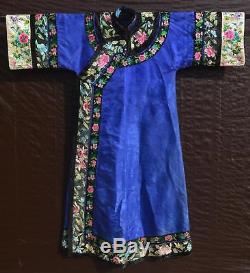 1930's Chinese Purple Indigo Silk Embroidery Brocade Lady's Long Robe Flowers