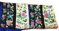 1930's Chinese Purple Indigo Silk Embroidery Brocade Lady's Long Robe Flowers