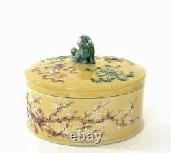 1930's Chinese Sancai Relief Porcelain Plum Blossom Box Fu Foo Dog Lion Finial