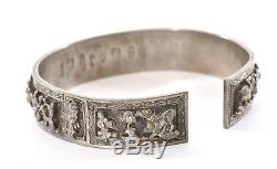 1930's Chinese Sterling Silver Bracelet Cuff Bangle High Relief Figure Mk 60g