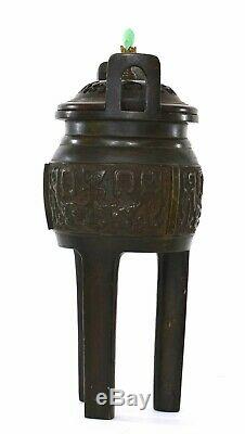19C Chinese Bronze Censer Incense Burner Jade Jadeite & Wood Carved Lid 2330G
