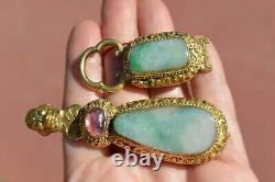 19C Chinese Gilt Bronze Dragon Jade Jadeite Tourmaline Carved Belt Hook Buckle