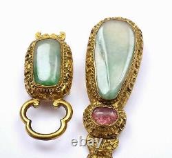 19C Chinese Gilt Bronze Dragon Jade Jadeite Tourmaline Carved Belt Hook Buckle