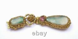 19C Chinese Gilt Bronze Dragon Jade Jadeite Tourmaline Carved Belt Hook Buckle