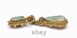 19C Chinese Gilt Bronze Dragon Jade Jadeite Tourmaline Carved Belt Hook Buckle