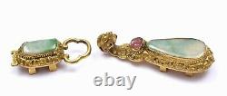 19C Chinese Gilt Bronze Dragon Jade Jadeite Tourmaline Carved Belt Hook Buckle