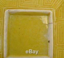 19C Chinese Incised Yellow Monochrome Porcelain Scholar Water Coupe Wood Stand