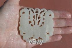 19C Chinese White Jade Nephrite Carved Carving Plaque Pendant Moth Butterfly