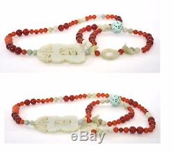 19C Chinese White Jade Plaque Pendant Charm Turquoise Agate Carved Bead Necklace