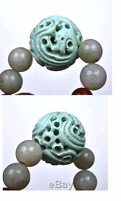 19C Chinese White Jade Plaque Pendant Charm Turquoise Agate Carved Bead Necklace