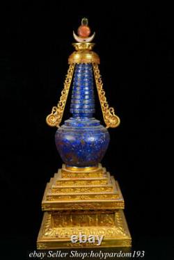 19.2 Chinese Bronze 24K Gold Gilt Lapis lazuli Buddha Stupa Pagoda Tower Statue