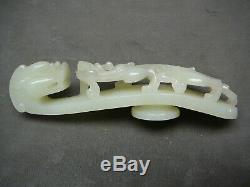 19thC large Chinese celadon light white jade belt buckle 5.25 long