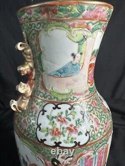 19th C Chinese Porcelain Famile Rose Medallion 12h Vase, Foo Dogs Handles