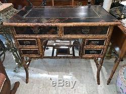 19th C ENGLISH Regency BAMBOO Chinoiserie ASIAN Leather Top Writing Desk & Chair