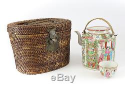 19th Cent. Chinese Famile Rose Teapot with Cup in Tea Cozy / Carrying Basket