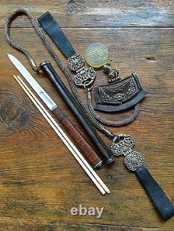 19th Cent Chinese/ Mongolian Silver & leather Official Knife with Chopsticks Set