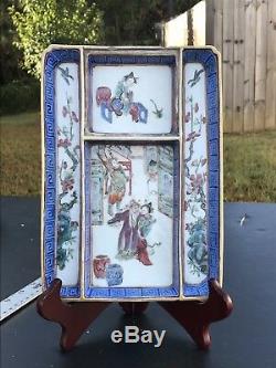 19th Century Antique Chinese Export Famille Rose Porcelain Figures Tray