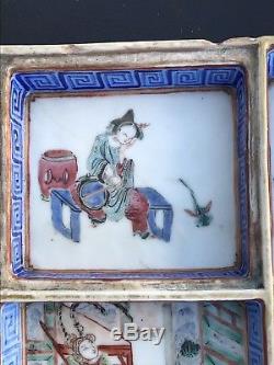 19th Century Antique Chinese Export Famille Rose Porcelain Figures Tray