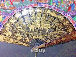 19th Century China Chinese Canton Hundred Faces Lacquer Fan & Box