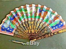 19th Century China Chinese Canton Hundred Faces Lacquer Paper Fan With Box