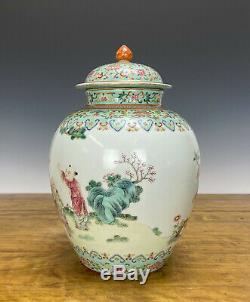 19th c. Chinese Qing Daoguang Famille Rose Figure Baluster Porcelain Vase w Lid