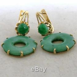 1.35 Pair of Chinese 19K Yellow Gold & Green JADEITE Jade Earrings (8.9 grams)
