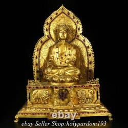 21.8 Old Chinese Purple Bronze 24K Gold Gilt Gems Shakyamuni Buddha Statue