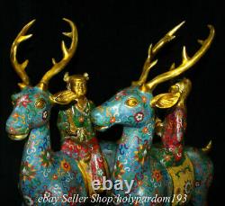 24 Old Chinese Bronze Cloisonne Fengshui Animal Deer Tongzi Statue Pair