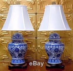 28/29 Pair Of Blue & White Jingdezhen Chinese Porcelain Temple Jar Vase Lamps