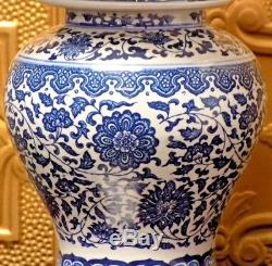 28/29 Pair Of Blue & White Jingdezhen Chinese Porcelain Temple Jar Vase Lamps