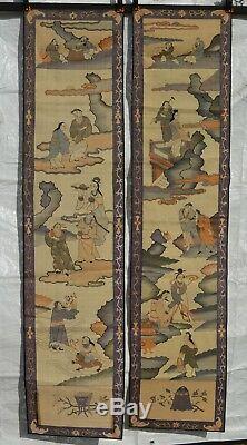 2 19C Chinese Silk Embroidery Kesi Kossu Panel Tapestry Textile Figure 165x38cm