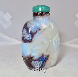 2.25 Chinese Carved OPAL Snuff Bottle with Tiger, Butterfly, Rocks & Green Top